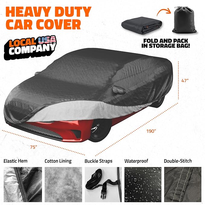 Mockins 190"x75"x47" Midsize Sedan Car Cover Waterproof All Weather Fit | Dual-Layer 250G PVC + Cotton Indoor & Outdoor Car Covers for Automobiles | Heavy Duty Full Exterior Covers with Strap & Bag