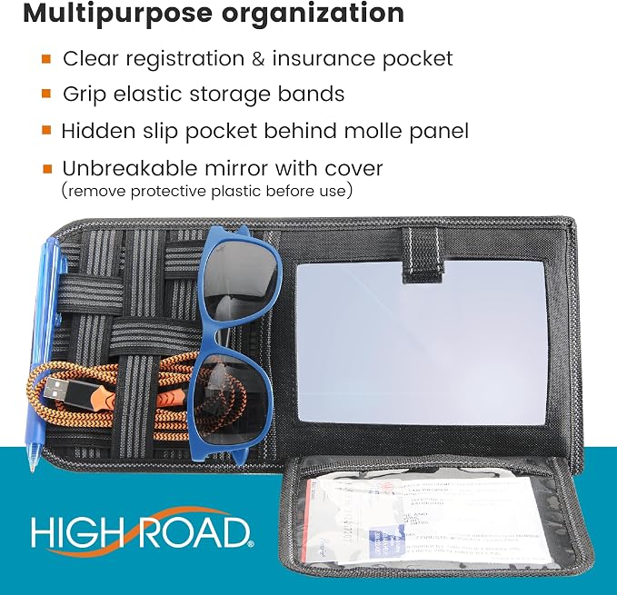Visor Organizer with Mirror and Hidden Registration and Insurance Pocket | High Road Car and Truck Visor Organizer with Covered Mirror, Document Pockets and Grip Band Storage Panel