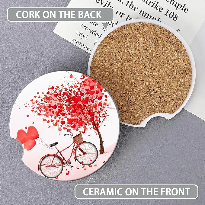 Love Tree Bicycle Cup Holder Coasters for Car,Cute Cup Holder Coasters,2 Pack Anti Slip Ceramic Car Cup Holder Accessories with Finger Notch for Women Men 2.56"