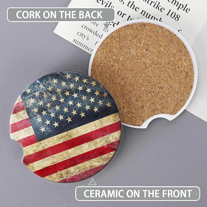 American Flag Car Coasters for Women 2 Pack,Retro Absorbent Car Coasters for Cup Holders Insert Ceramic Anti Slip with Finger Notch & Cork Base Auto Accessories Gifts