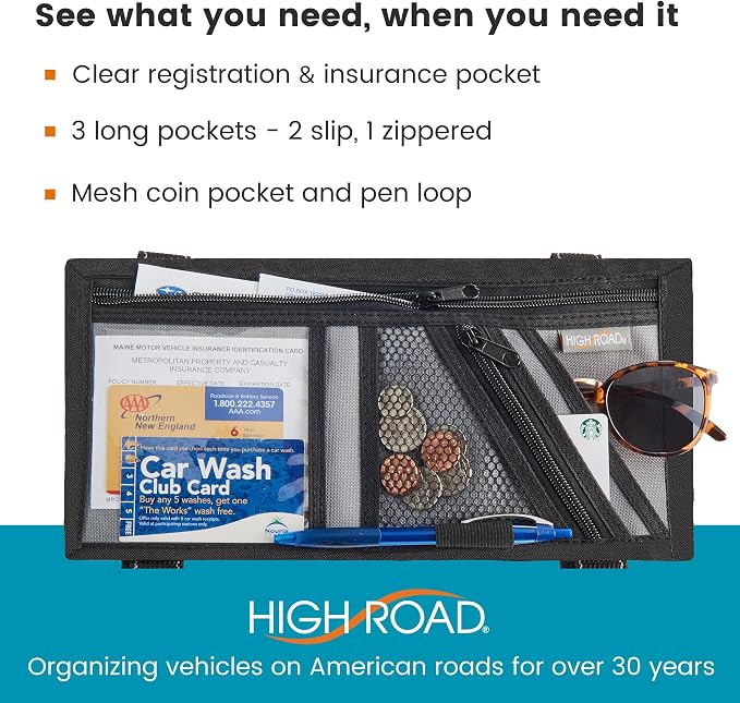 High Road Car Visor Organizer and Sun Visor Document Holder with Pockets | Slim Car Visor Organizer with Pockets Holds Registration and Insurance Cars, Pens and Papers Within Easy Reach