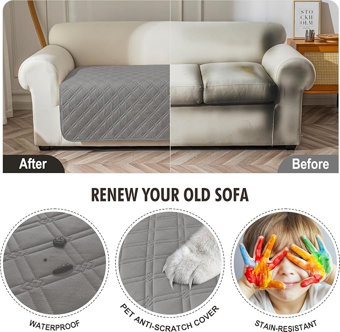 Genina Waterproof Couch Cover, Washable Anti-Slip 51 inch Loveseat Sofa Covers with 2 Cushions, Sectional Couch Covers for Pets Friendly, Sofa Slipcovers for Dogs Cats, (51inch/Light Grey)