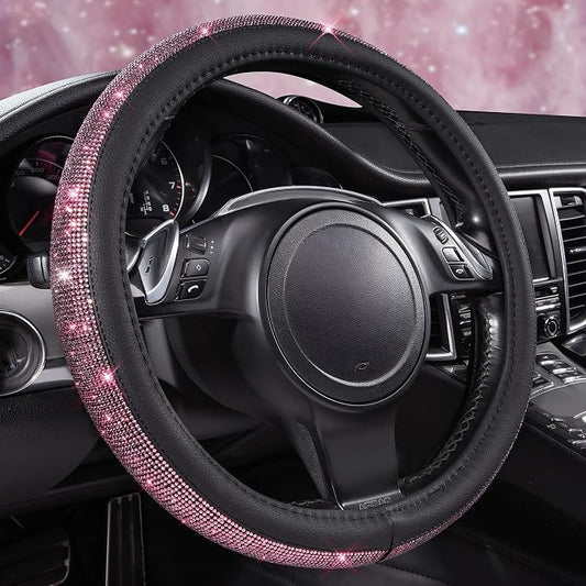 CAR PASS Bling Diamond Leather Steering Wheel Cover, Bling Sparkly Crystal Glitter Rhinestones Universal Fit 14" 1/2-15" Car Wheel Protect for Women Girl Fit Suvs,Vans,Sedans,Cars,Trucks, Pink Black
