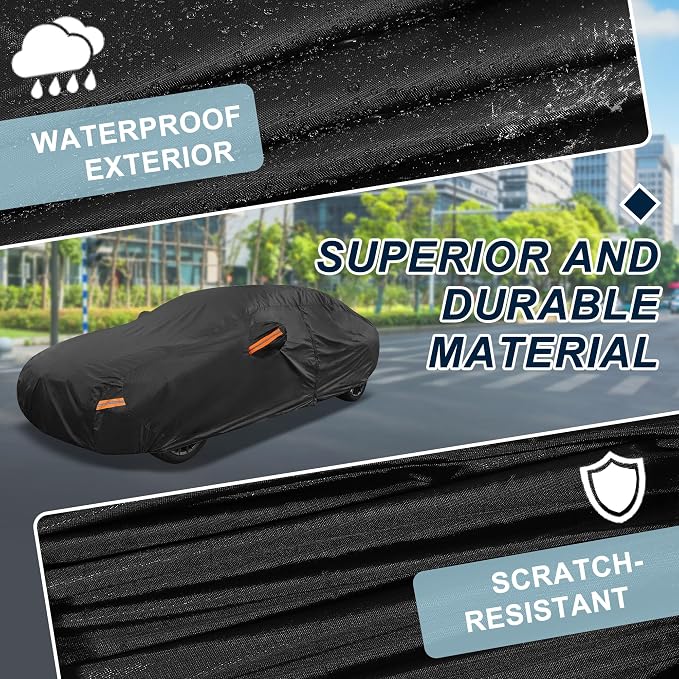 Black Heavy Duty Waterproof Car Cover for Sedan 169"-175" - All-Weather UV Protected Outdoor Full Exterior Cover with Sun/Snow/Rain Resistance