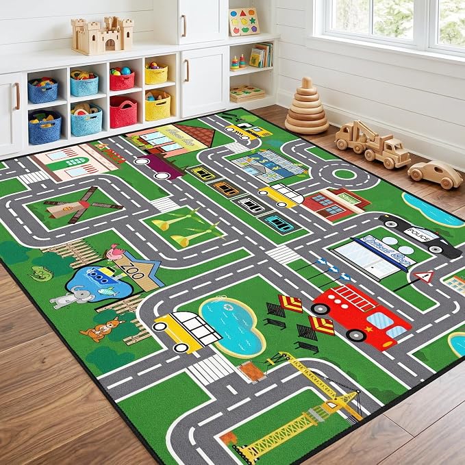 Car Rug 3x5 - Kids Playmat Rug - Educational Town City Map Carpet | Interactive street layout, Low-pile rolling surface, Textured rubber backing, High-density fabric, Machine washable