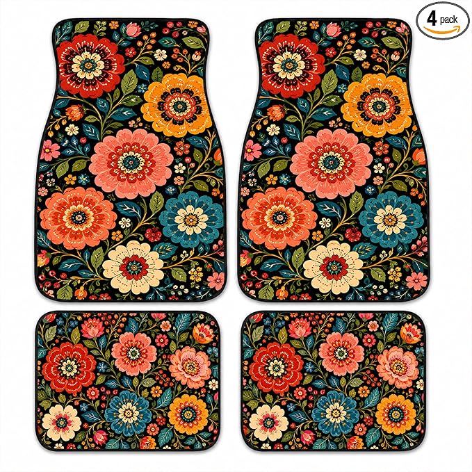 Folk Flower Car Floor Mats Set of 4 Black Botanical Garden Art Car Accessories Foot Mats Rugs, Non-Slip,Decor for Universal Fit for Suvs Sedans Trucks Cars Auto Floor Carpets Rugs All-Weather