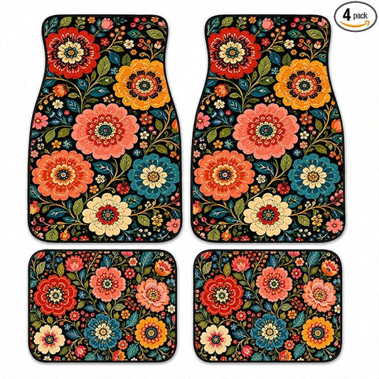 Folk Flower Car Floor Mats Set of 4 Black Botanical Garden Art Car Accessories Foot Mats Rugs, Non-Slip,Decor for Universal Fit for Suvs Sedans Trucks Cars Auto Floor Carpets Rugs All-Weather