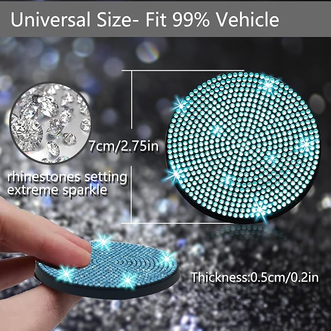 NBTEPEM 2pcs Bling Car Cup Holder Coaster, 2.75 inch Anti-Slip Shockproof Universal Fashion Car Coasters Insert Bling Crystal Rhinestone Automotive Interior Accessories for Women (2 pcs, Aquamrine)