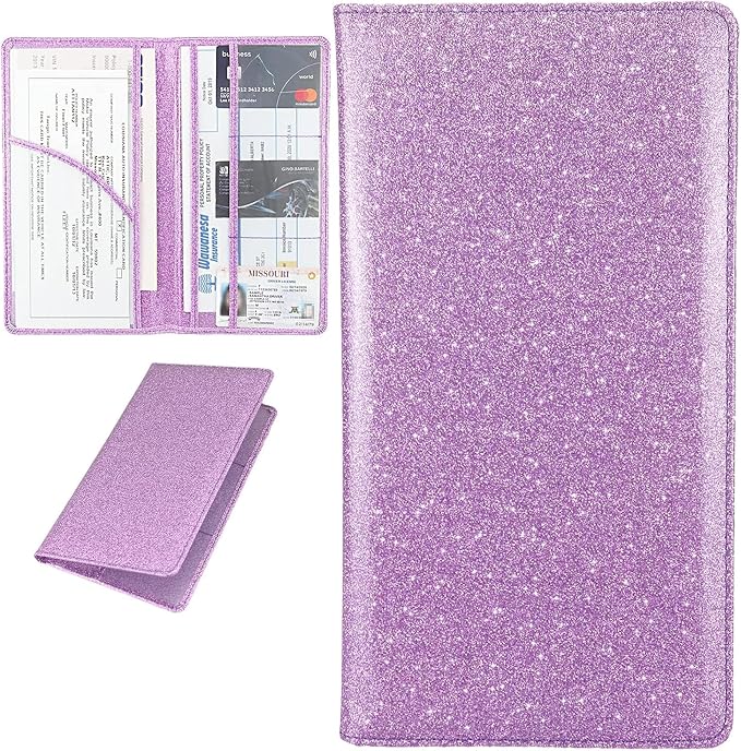 Car Registration and Insurance Holder, Bling Premium Pu Leather Vehicle Glove Box Organizer, Prefect Leather License Registration Holder for Driver License, Cards & Essential Documents (Purple)