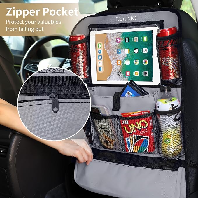 LUCMO Car Backseat Organizer with Touch Screen Tablet Holder, Grey | 2 Pcs,9 Storage Pockets,Clear Tablet Holder,Protectors Kick Mats,Travel Accessories,Seat Cover,Road Trip Essentials
