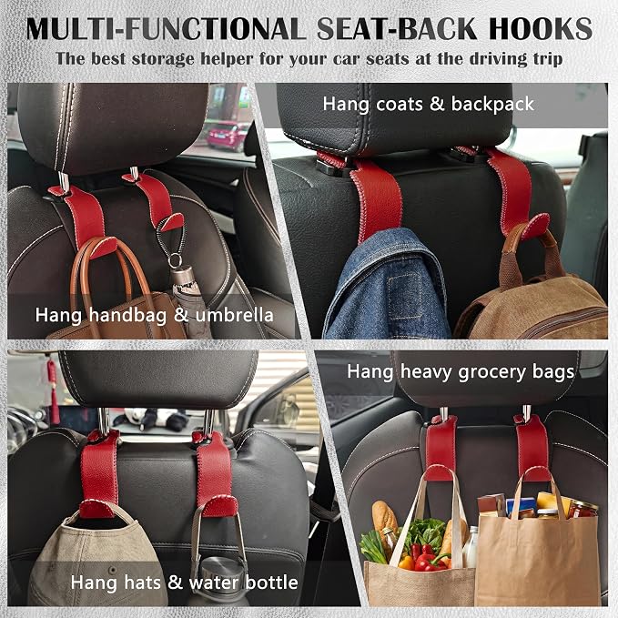 Amooca Car Seat Headrest Hook Universal Vehicle Storage Hanger Leather with Metal Car Seat Back Organizer for Handbag Purse Coat Wine 2 Pack