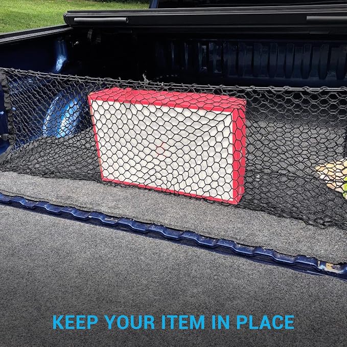 MICTUNING Truck Bed Cargo Net, 49"x15.2" Stretch to 60" Elastic Pickup Cargo Net with 4 Metal Carabiners, Compatible with 2013-2022 Chevy Silverado & 2015-2024 Ford F150 F250 Truck