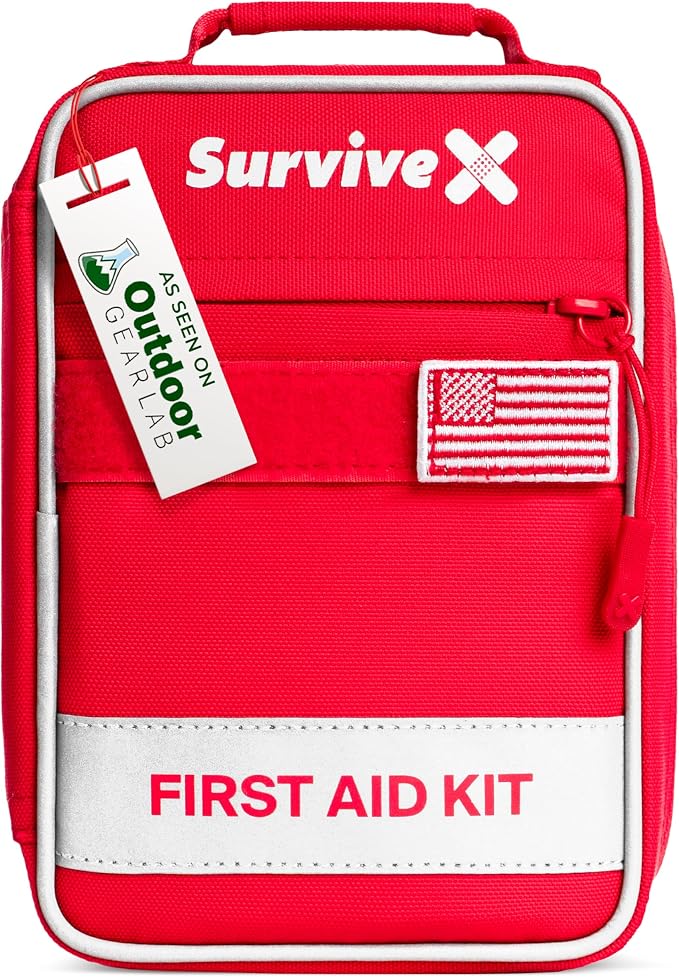 SurviveX Small First Aid Kit for Car, Travel & Home - Emergency Kit for Hiking, Camping, Backpacking and Outdoors - Includes Zip Stitch Wound Closure Strips