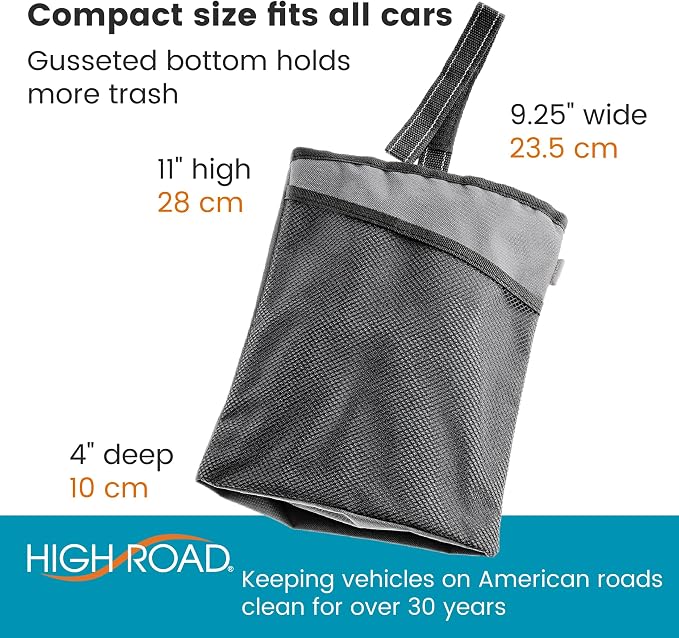 High Road TrimTrash Hanging Car Garbage Bag - Slim and Leakproof Car Trash Bag with Magnetic Closure and Storage Pocket - Attaches to Seat, Glovebox or Console