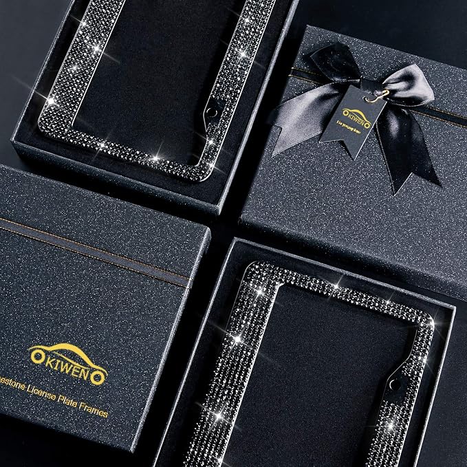Bling License Plate Frames with High End Ribbon Gift Box,2 Pack Rhinestone License Plate Frame,Handcrafted Crystal Premium Stainless Steel Bling License Plate Frame for Women,Party,Birthday,Xms Gift