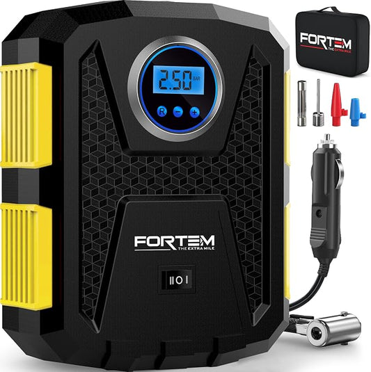 FORTEM Tire Inflator Portable Air Compressor, Air Pump for Car Tires and Bikes, Car Tire Pump w/Auto Shut Off, 150 PSI, 12V DC, LED Light, Carrying Case, Perfect For Men, Women