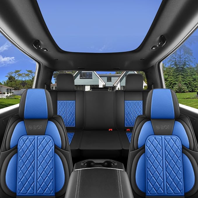 Car Seat Cover Custom Fit for Ford F150 2009-2026 Faux Leather Seat Cover Set Compatible with Regular Cab Super Cab Super Crew Pickup Truck Cushions (Black & Blue, Front Seat)