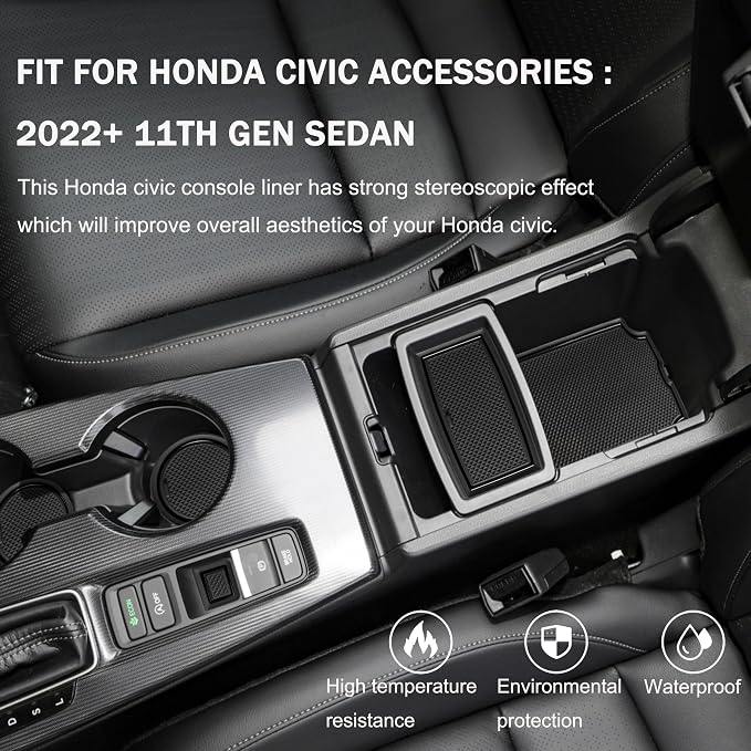 for Honda Civic Accessories 2022 2023 2024 2025 2026 11th Gen Sedan Cup Holder Insert Center Console Liner Door Slot Mats Pad Coaster Trim Premium Rubber Custom Interior 17PC Set (Black Trim)