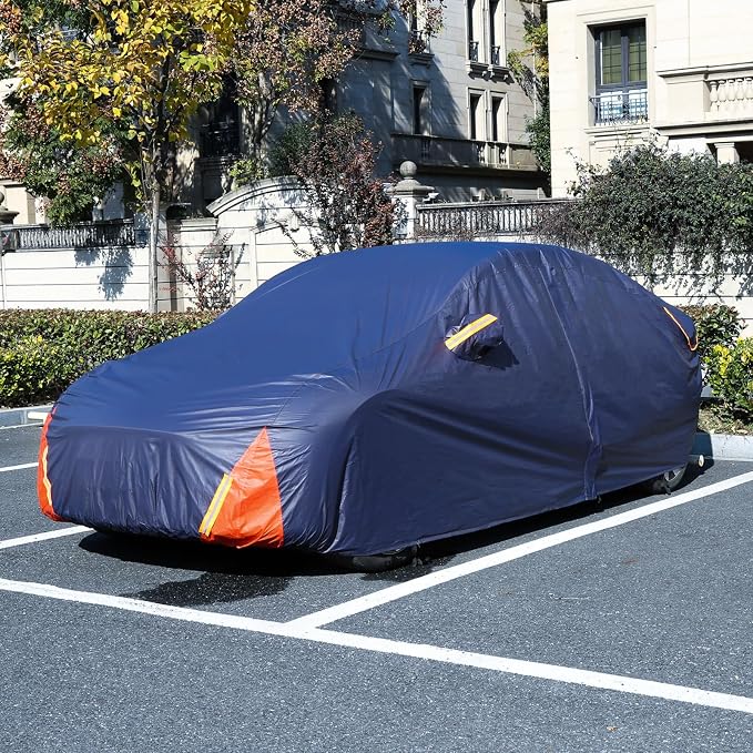 Tesla Model 3 Car Cover Waterproof All Weather, 6 Layers Outdoor Full Exterior Cover Rain Sun UV Snowproof Protection with Zipper Cotton, Mirror Pocket and Charging Port