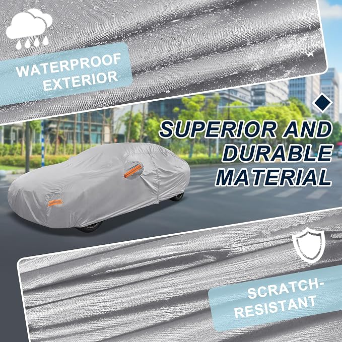 Silver Tone Heavy Duty Waterproof Car Cover for Sedan 185"-191" - All-Weather UV Protected Outdoor Full Exterior Cover with Sun/Snow/Rain Resistance