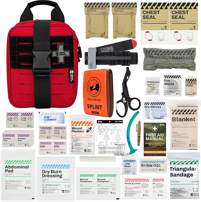 RHINO RESCUE IFAK Trauma Kit Pro with CAT Tourniquet (Red) | TCCC Compliant, Combat-Proven, Tactical Molle Pouch, Professional First Aid Kit, Military Medical Kit, HSA/FSA Approved