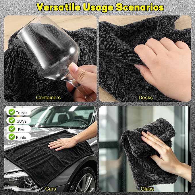 Aodaer 3 Pack Car Drying Towel, 1200GSM Microfiber Towels for Cars | 24 x 36 Inch & 12 x 12 Inch Super Absorbent Detailing Towels Dual Sided Streak-Free Twisted Loop for Auto SUV Truck Boat Home