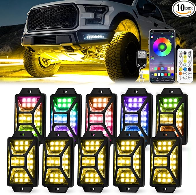 10 Pods Full Angle RGB Rock Lights Compatible with 12V Trucks Jeep UTV SUV ATV Boat Golf Cart, Waterproof Multi-Color, App/Remote Control Led Rock Lights with Music Mode(Patented)