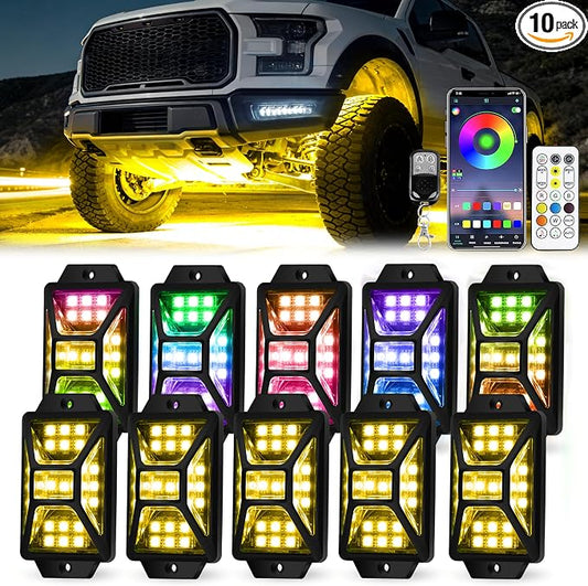 10 Pods Full Angle RGB Rock Lights Compatible with 12V Trucks Jeep UTV SUV ATV Boat Golf Cart, Waterproof Multi-Color, App/Remote Control Led Rock Lights with Music Mode(Patented)