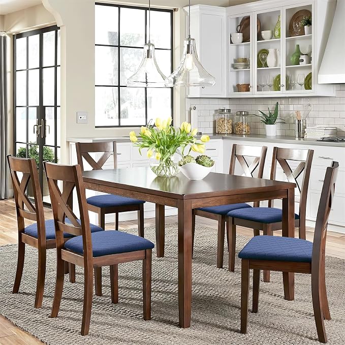 Fuloon Waterproof Seat Cushion Covers 6 PCS, Stretch Jacquard Chair Seat Covers Washable Dining Room Chair Slipcovers Removable Kitchen Cushion Protector (6, Waterproof-Navy Blue)