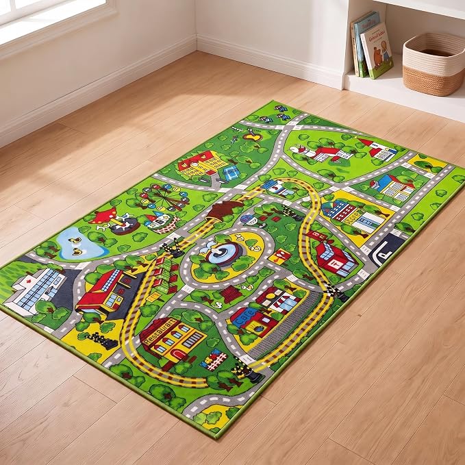 Boooooom Jackson Kids Car Rug with Gift Box 4'11"x2'7" | Non-Slip Washable City Road Play Mat, Train Track, Birthday Gift for Toddlers, Classroom & Playroom
