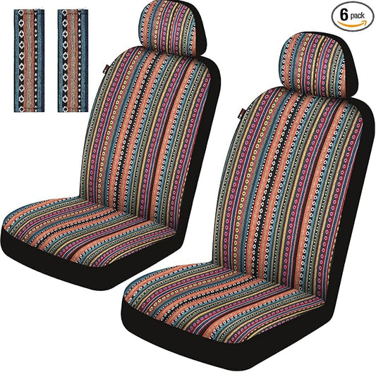 Baja Saddle Blanket Car Seat Covers Front Set, Washable Breathable Striped Woven Cloth Seat Covers for Cars, SUV, Truck, Airbag Compatible(Orange)