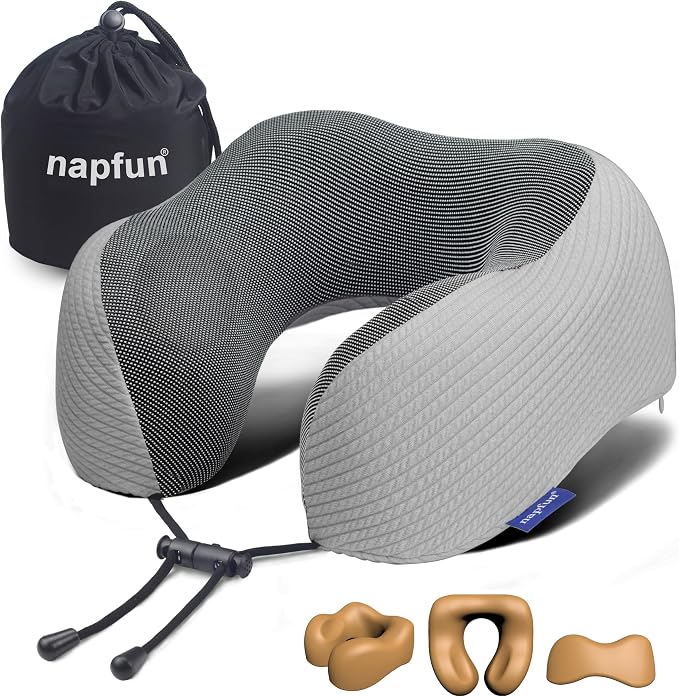 napfun Neck Pillow for Traveling, Upgraded Travel Neck Pillow for Airplane 100% Pure Memory Foam Travel Pillow for Flight Headrest Sleep, Portable Plane Accessories, Mist Gray