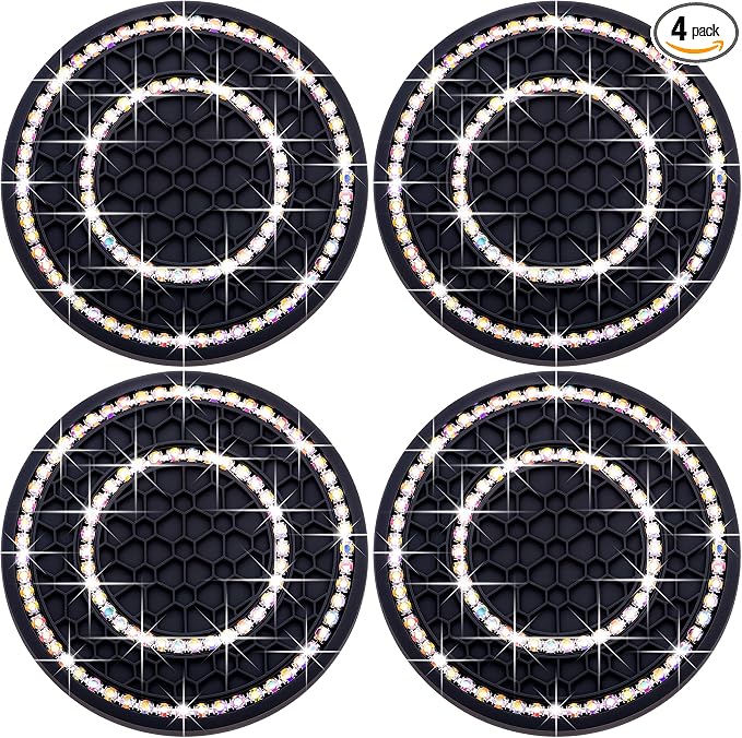 4PCS Bling Crystal Rhinestone Cup Holder Coaster, 2.75 inch Soft Silicone Anti-Slip Shockproof, Car Cup Holder Insert Coasters, Universal Car Interior Accessories for Women (Black & Colorful)