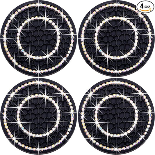 4PCS Bling Crystal Rhinestone Cup Holder Coaster, 2.75 inch Soft Silicone Anti-Slip Shockproof, Car Cup Holder Insert Coasters, Universal Car Interior Accessories for Women (Black & Colorful)