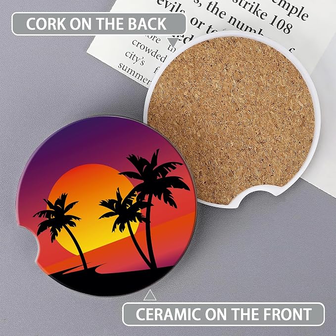 Tropical Palm Trees Coasters for Car & Beach Sunset Cute 2 Pack Anti Slip Ceramic Car Cup Holder Accessories with Finger Notch for Women & Men 2.56"