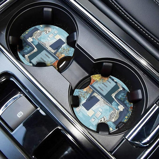 WOCOCN Car Coasters,Cup Holder Coasters for Car,2.75inch Anti Slip and Absorbent,Cute Automotive Interior Accessories for Cup Holder,Pack of 2 (Skeleton and Computer)