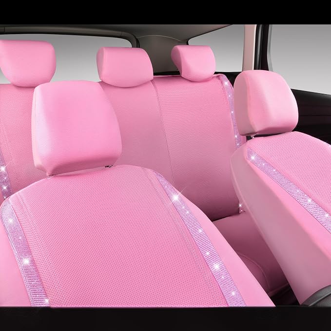 CAR PASS Bling Diamond Car Seat Covers Full Set, Shining Rhinestone Waterproof Faux Leather, Rear with Zipper, Universal Fit Automotive Glitter Crystal Sparkle Strips for Cute Women Girl, Pink