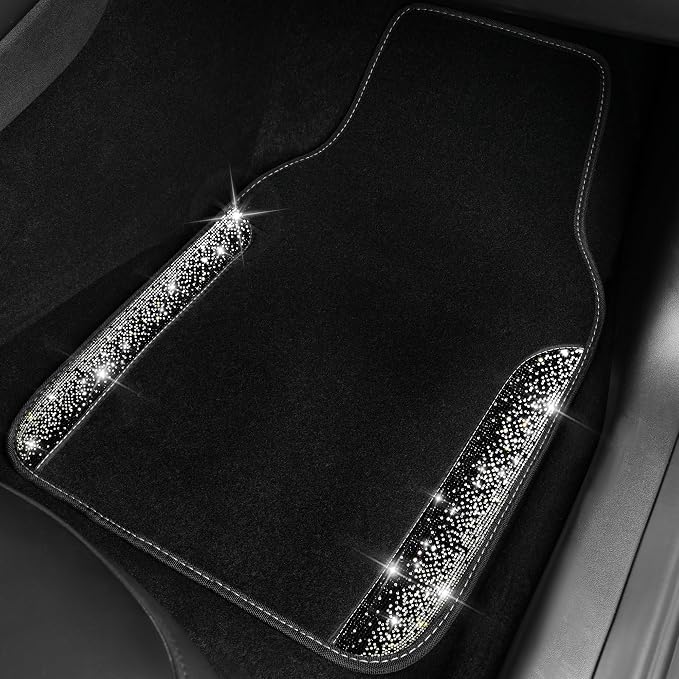 CAR PASS Bling Car Mats Shining Diamond Carpet Crystal Rhinestone Sparkly Glitter Floor Mats with Anti-Slip PVC Pad Universal Fit Automotive SUV,Sedan,Van,4pcs for Girl Women, Black Sliver Diamond