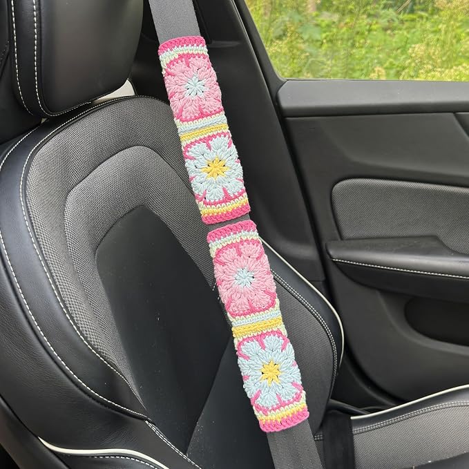 Handmade Crochet Pink Fower Granny Square Car Steering Wheel Covers Universal 14-15 inch for Women and Men (Steer Wheel Cover+ 2 Belt Cover+2 Coaster)