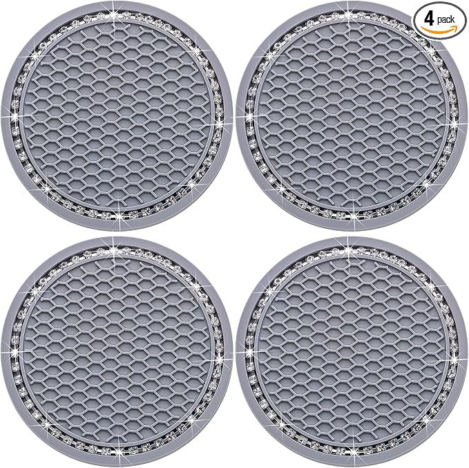 4PCS Bling Cup Holder Coaster, 2.75 Inch Auto Car Cup Holder Insert Coasters, Soft Silicone Anti-Slip Shockproof, Universal Vehicle Interior Accessories for Women Girls (Gray & White)