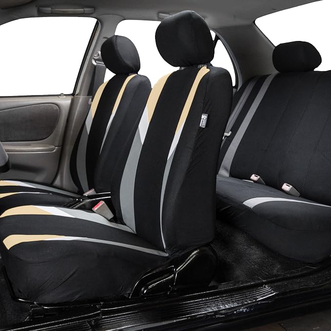 FH Group Premium Modernistic Flat Cloth Car Seat Covers – Universal Fit, Washable Seat Covers for SUV Sedan Van, Beige, Full Set