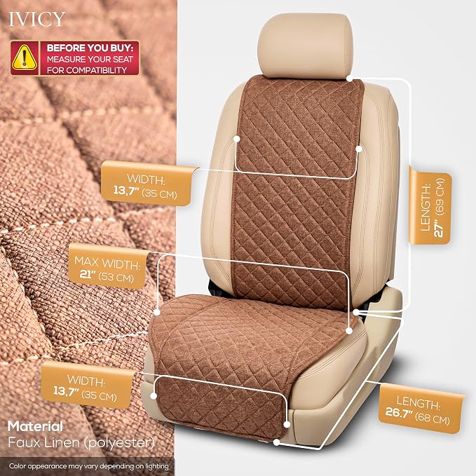 IVICY Faux Linen Front Car Seat Cover – Non-Slip Bucket Seat Protector for Most Cars, SUVs, Vans & Trucks – 1 Seat Cover, Machine Washable, Side-Airbag Friendly, Light Brown