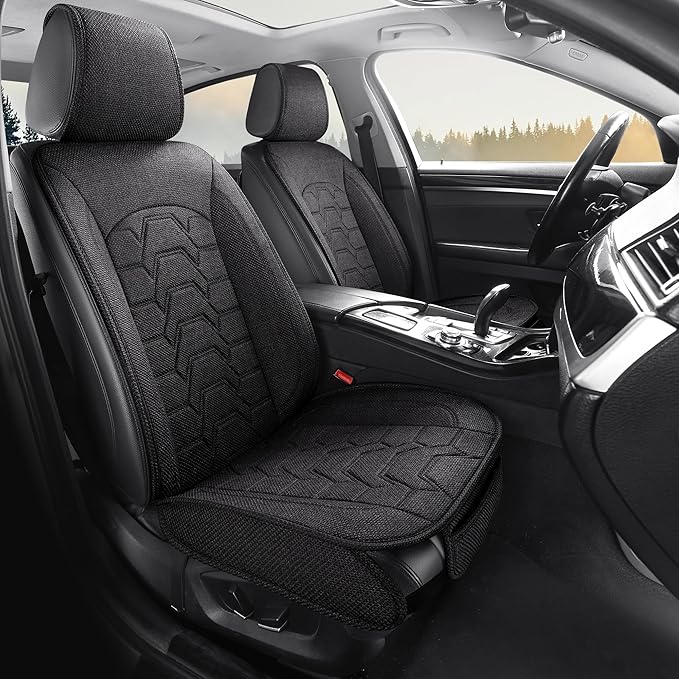 Linen car Seat Covers Breathable Cloth Fabric Seat Protector Front seat Covers Universal Fit for 95% Automotive, Car, Van, SUV, Trucks（Black，2PCS）