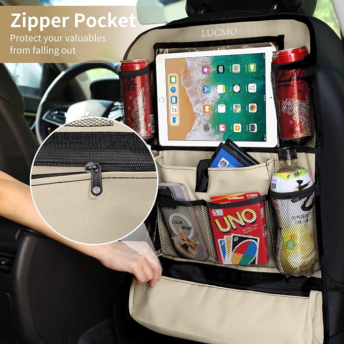 LUCMO Car Backseat Organizer with Touch Screen Tablet Holder, Beige | 2 Pcs,9 Storage Pockets,Clear Tablet Holder,Protectors Kick Mats,Travel Accessories,Seat Cover,Road Trip Essentials