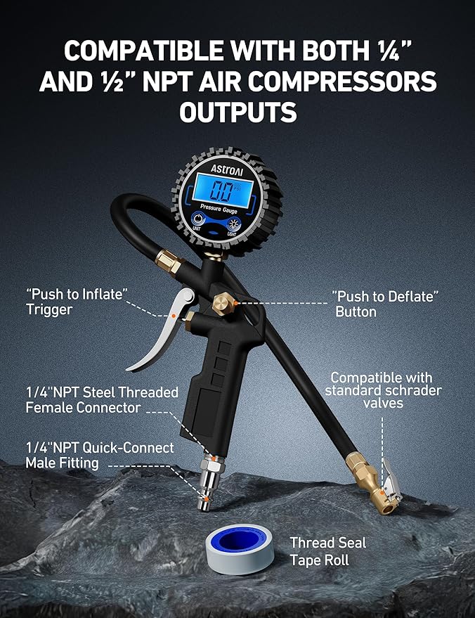 AstroAI Digital Tire Pressure Gauge with Inflator, 3-250 PSI Air Chuck & Compressor Accessories Heavy Duty with Quick Connect Coupler, 0.1 Display Resolution, 1Pack Standard