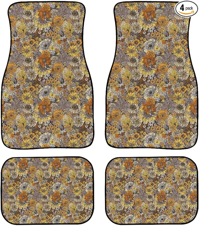 Retro Sunflower Print Car Floor Mats Set of 4 Daisy Floral Butterfly Universal Vehicle Floor Carpet Decorative Auto Front Rear Foot Rugs for Trucks SUV Sedan