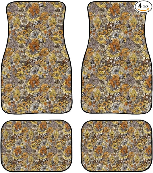 Retro Sunflower Print Car Floor Mats Set of 4 Daisy Floral Butterfly Universal Vehicle Floor Carpet Decorative Auto Front Rear Foot Rugs for Trucks SUV Sedan