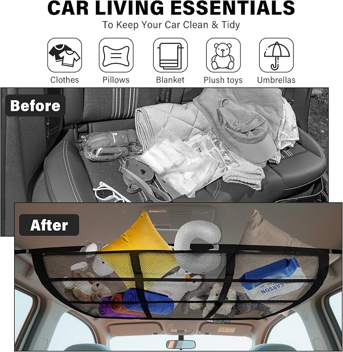 Car Ceiling Cargo Net, 35.5"x25.6", Double Layer Car Roof Storage Organizer, Truck Netting, SUV Van Interior Accessories, Cars Camping Essentials