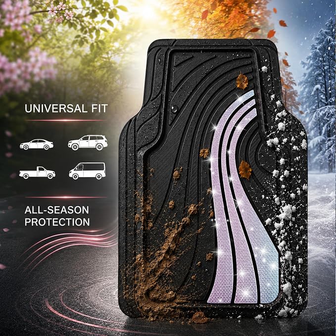 Road Comforts Car Floor Mats Full Set – Front & Rear Car Floor Mats with Aluminum Design, Anti-Slip Backing, All-Weather Protection, Trim-to-Fit Car Mats for Most Sedans, SUVs & Vans - Glitter