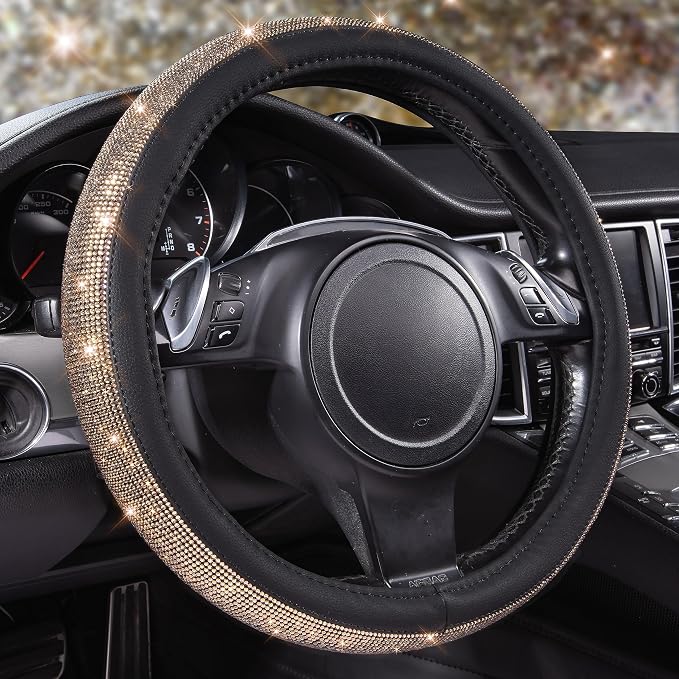 CAR PASS Bling Champagne Diamond Steering Wheel Cover, Black Leather Universal Fit 14.5-15inch Glitter Rhinestones for Women Sparkle Crystal Girly Shining for SUV,Vans,Sedan,Car,Truck, Black Champagne
